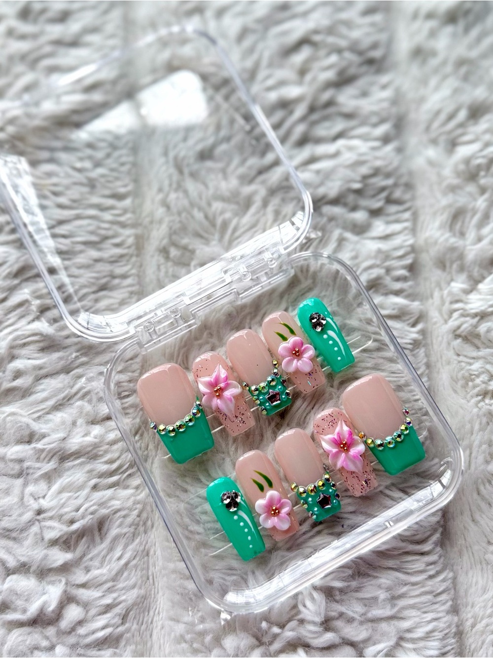 LARGE Handcrafted Pink & Teal Floral Press-On Nails